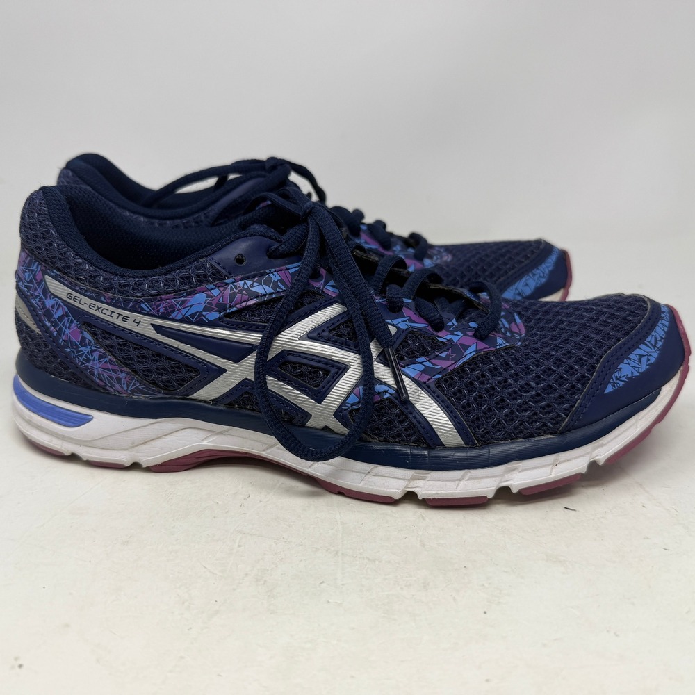 ASICS Running Shoes Womens 9 Gel-Excite 4 Navy Blue Silver T6E8N Athletic EUC